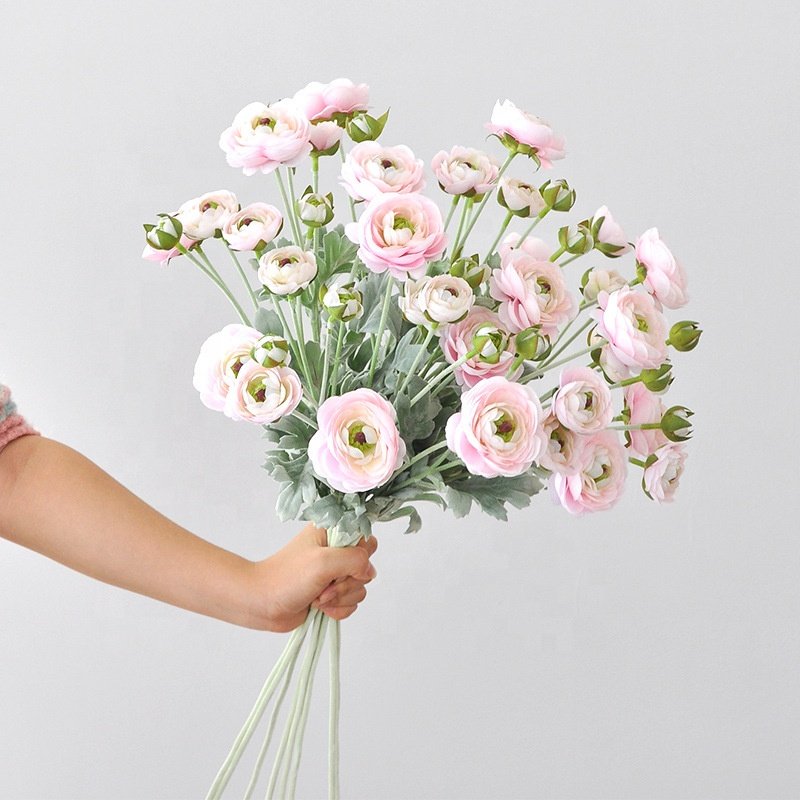 INS New Arrival 6 Heads Flocked 27inch Poppy Pink Peony Tea Rose White Ranunculus Flower Artificial for Home Decor