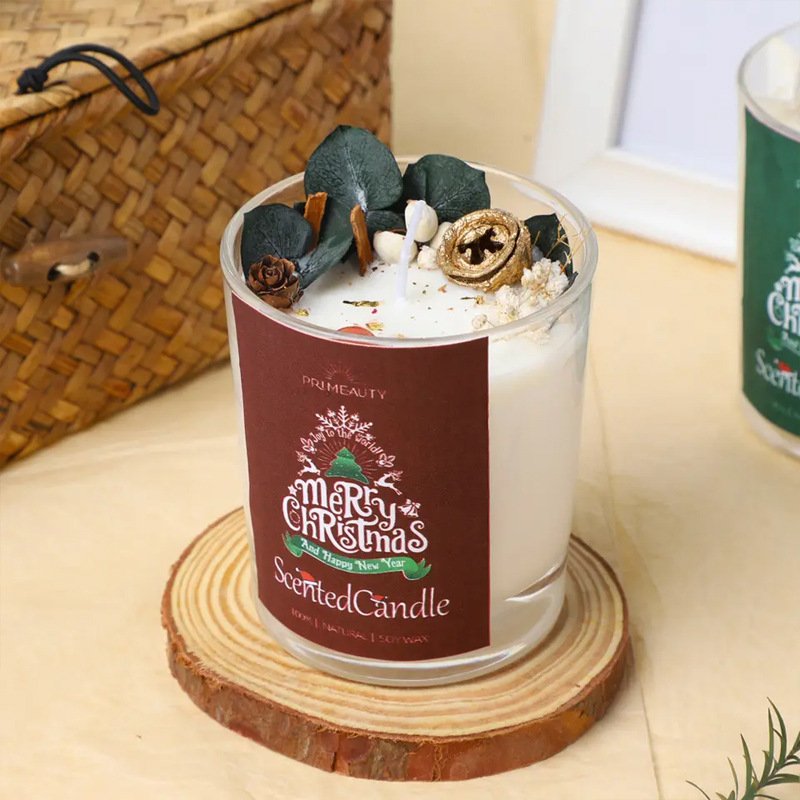 Personalized Luxury Glass Jar Dried Flowers Vanilla Soy Wax Essential Oil Private Label Christmas Scented Candles