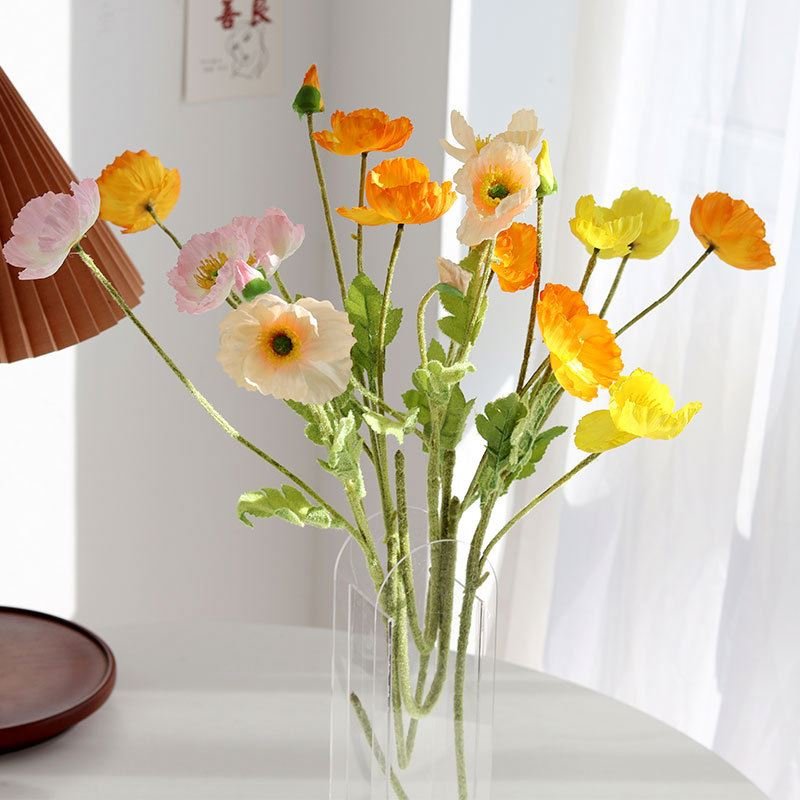 Artificial Poppy Silk Flowers (3 Stems) for Home Decor, Wedding Bouquet. Faux Poppy Flower Centerpiece