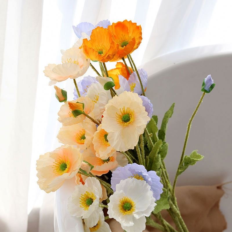 Artificial Poppy Silk Flowers (3 Stems) for Home Decor, Wedding Bouquet. Faux Poppy Flower Centerpiece