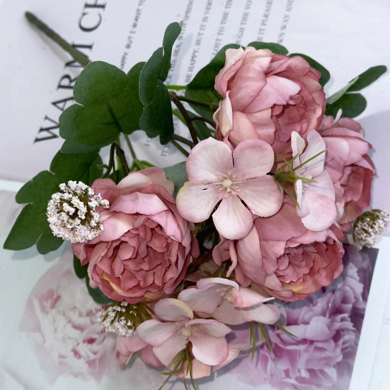 Artificial Dried Autumn Color Rose Peony Flower Bouquet For Home Wedding Decoration