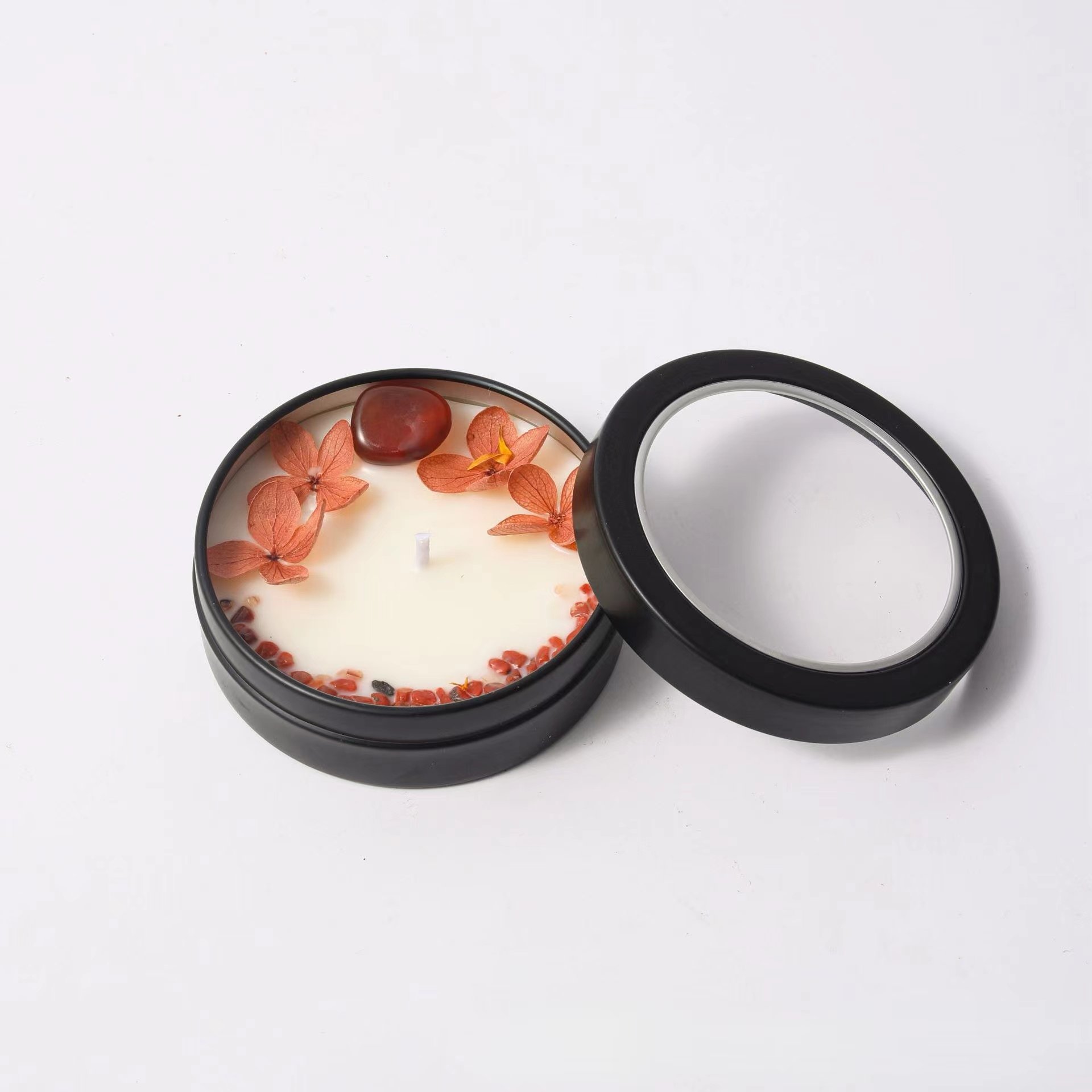 Low Price Different Colors Dried Flower Votive Wood Wick Personalized See-through Lid Jar Natural Stone Soy Scented Candle