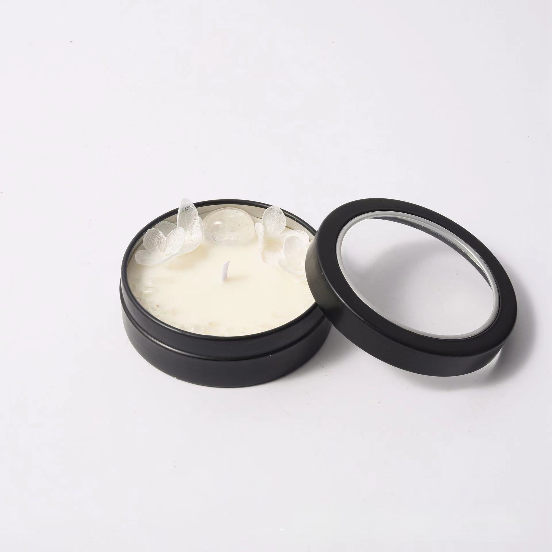 Low Price Different Colors Dried Flower Votive Wood Wick Personalized See-through Lid Jar Natural Stone Soy Scented Candle