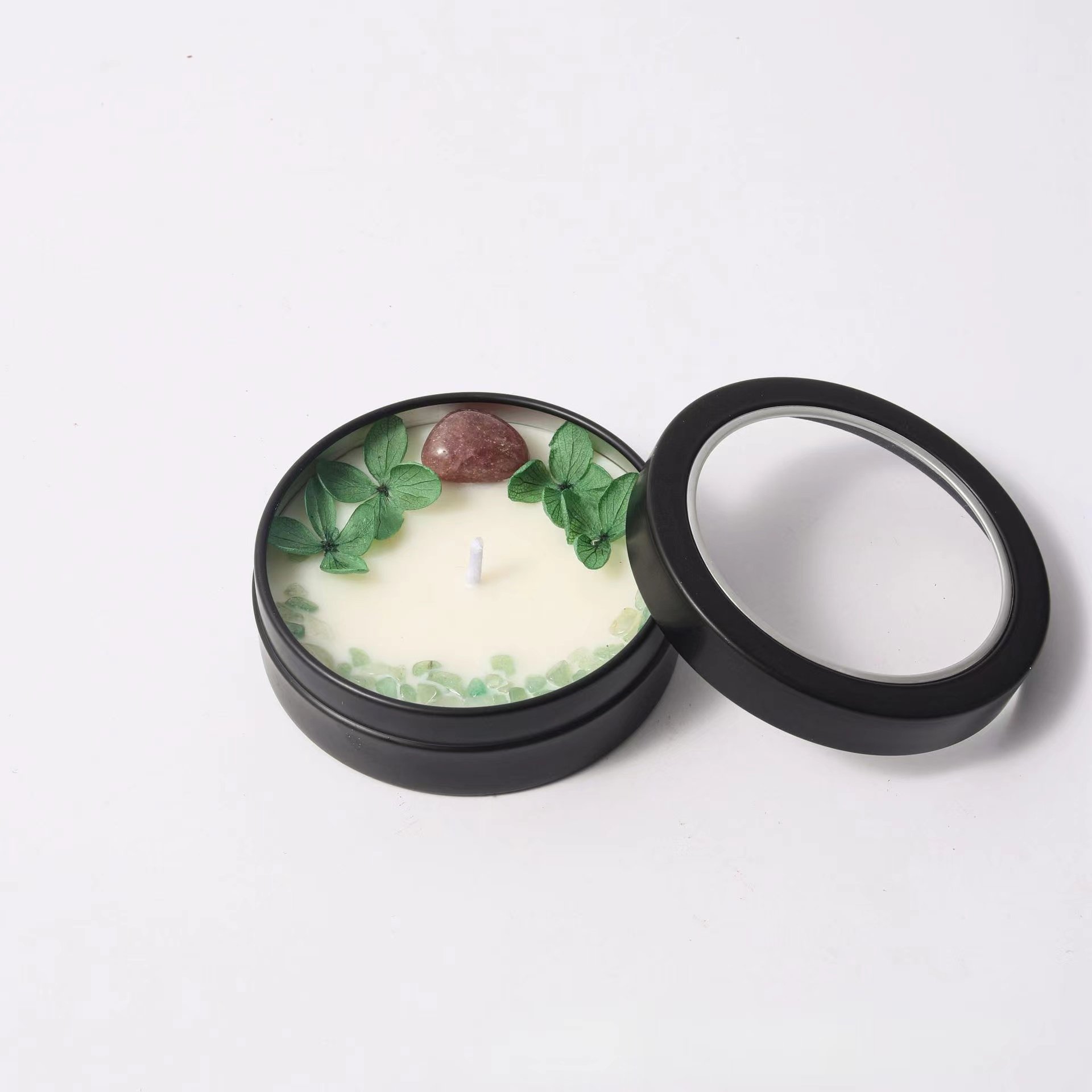Low Price Different Colors Dried Flower Votive Wood Wick Personalized See-through Lid Jar Natural Stone Soy Scented Candle