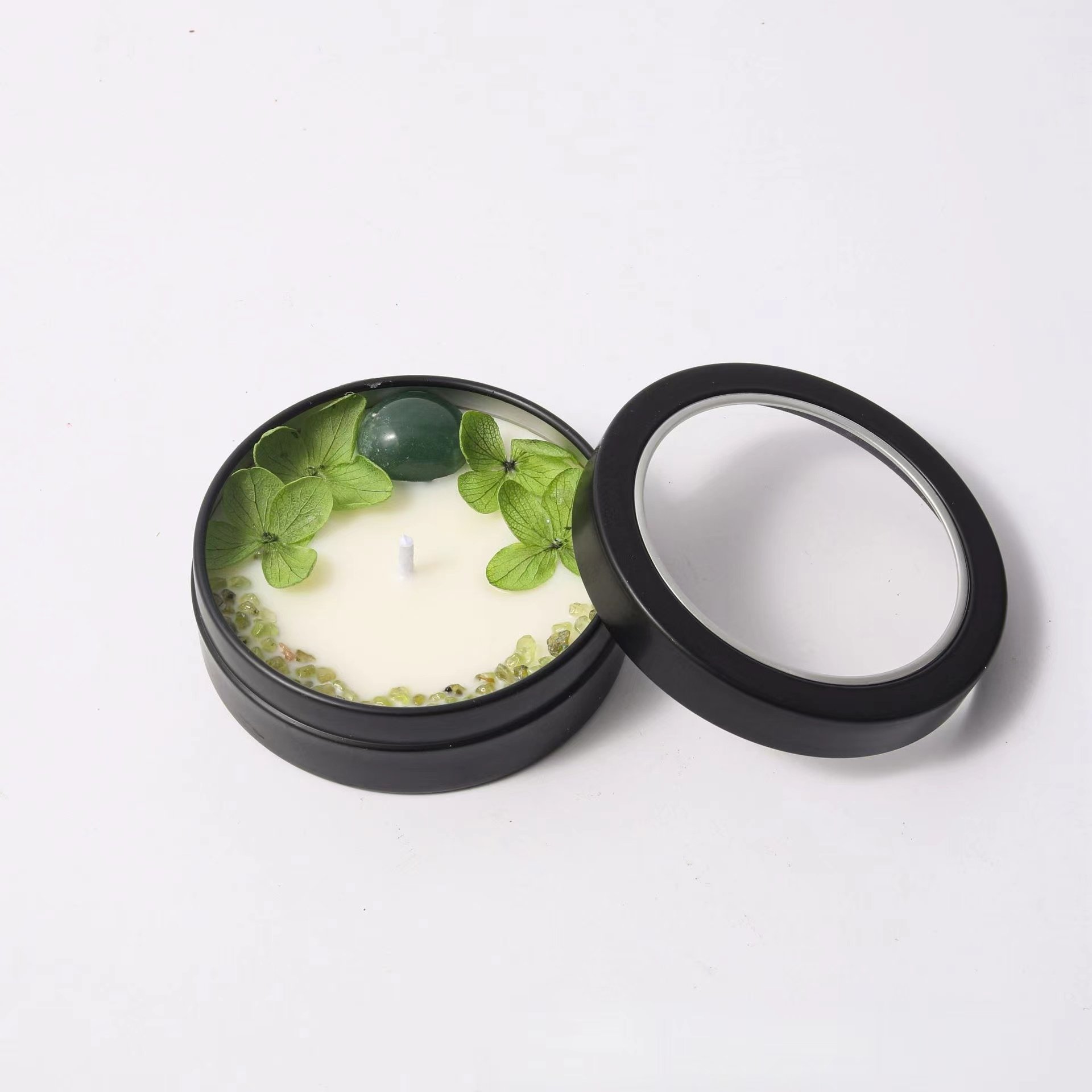 Low Price Different Colors Dried Flower Votive Wood Wick Personalized See-through Lid Jar Natural Stone Soy Scented Candle