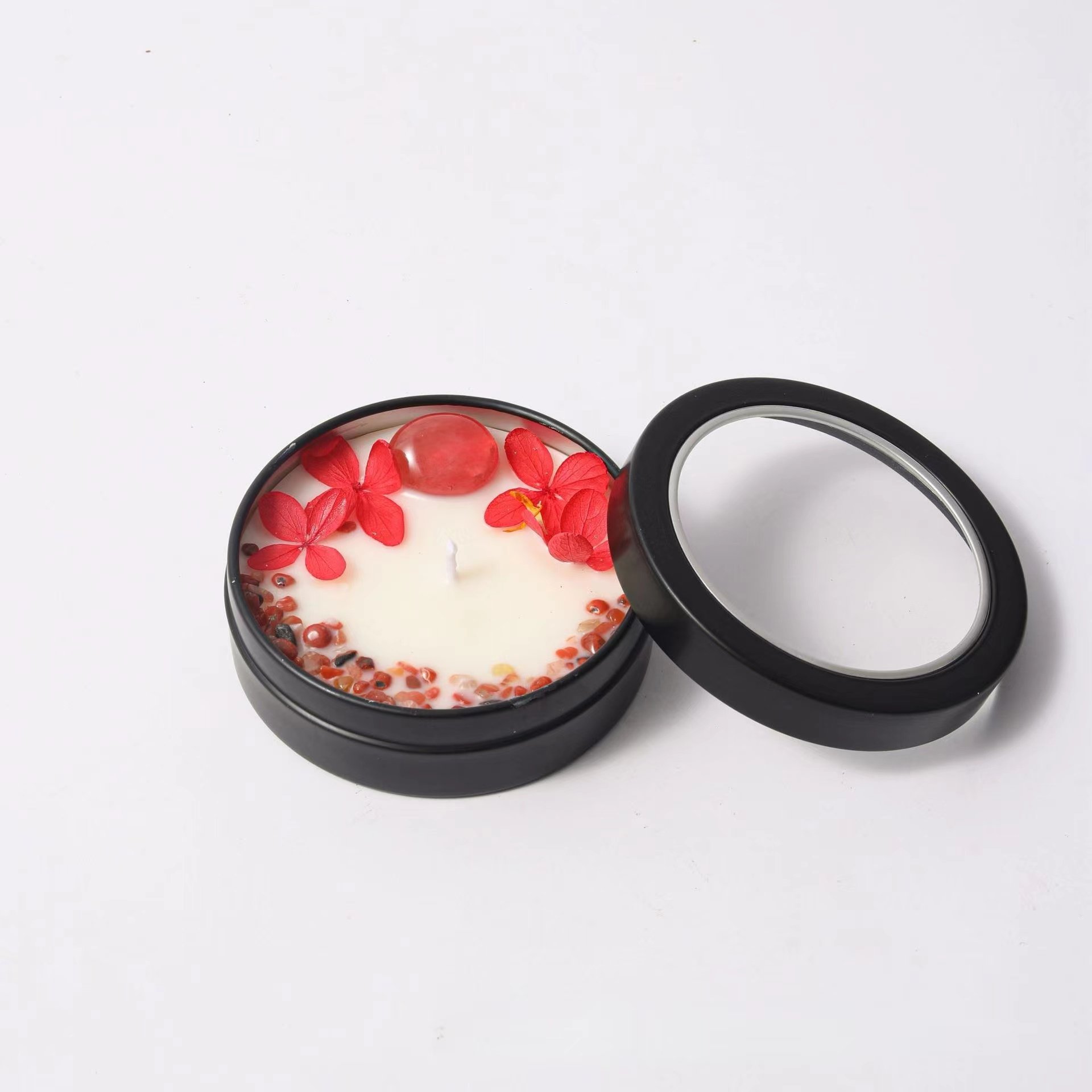 Low Price Different Colors Dried Flower Votive Wood Wick Personalized See-through Lid Jar Natural Stone Soy Scented Candle