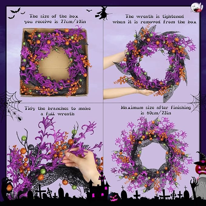 Halloween Wreath Pick Tree Berry Branch Wreath Hanging Purple Ribbon Light Up Halloween Home Decor