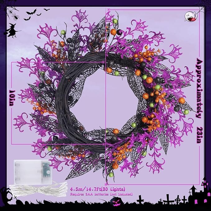 Halloween Wreath Pick Tree Berry Branch Wreath Hanging Purple Ribbon Light Up Halloween Home Decor
