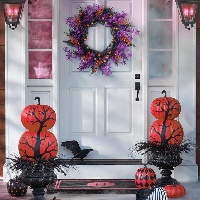 Halloween Wreath Pick Tree Berry Branch Wreath Hanging Purple Ribbon Light Up Halloween Home Decor