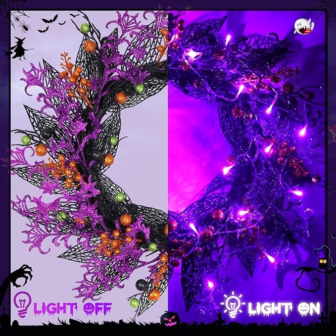 Halloween Wreath Pick Tree Berry Branch Wreath Hanging Purple Ribbon Light Up Halloween Home Decor