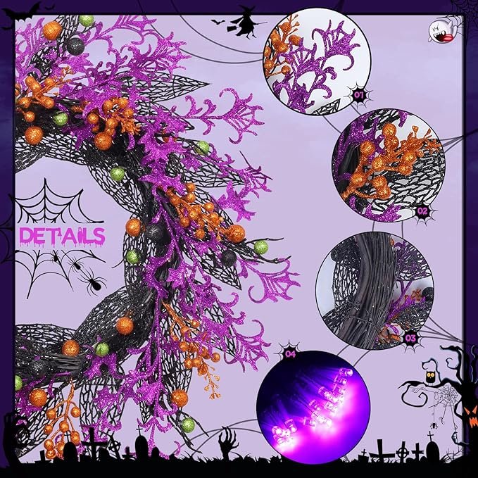 Halloween Wreath Pick Tree Berry Branch Wreath Hanging Purple Ribbon Light Up Halloween Home Decor