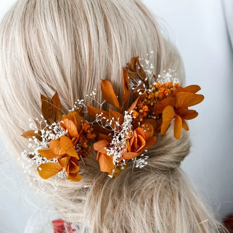 Rust Terracotta Wedding Dried flower hair pins Fall wedding accessories Boho Burnt orange Bridal hair piece hair clips floral