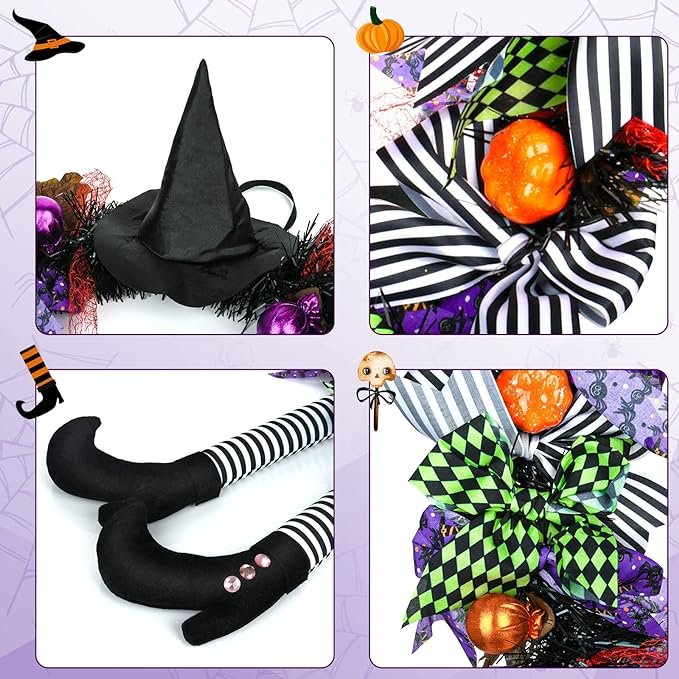 2024 Halloween Home Decor Wreath with Lights Front Door Hanging Witch Hat Legs Pumpkin Door Happy Halloween Supplies Wreaths