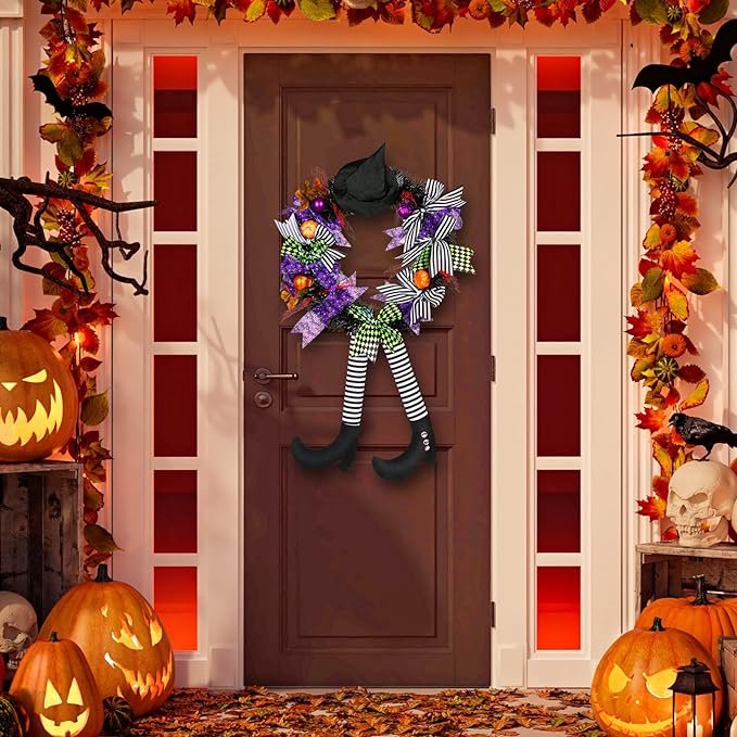 2024 Halloween Home Decor Wreath with Lights Front Door Hanging Witch Hat Legs Pumpkin Door Happy Halloween Supplies Wreaths