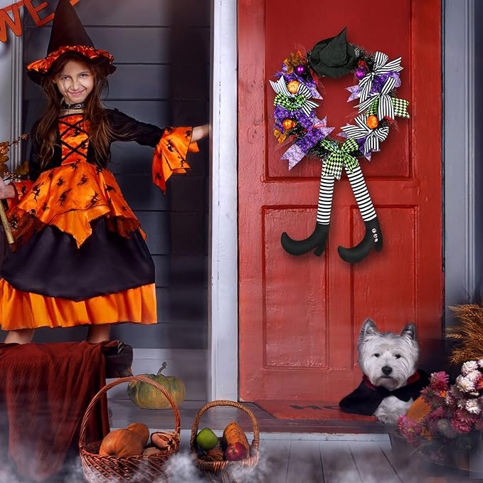 2024 Halloween Home Decor Wreath with Lights Front Door Hanging Witch Hat Legs Pumpkin Door Happy Halloween Supplies Wreaths
