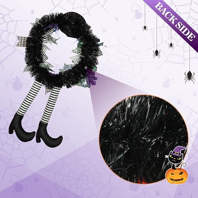 2024 Halloween Home Decor Wreath with Lights Front Door Hanging Witch Hat Legs Pumpkin Door Happy Halloween Supplies Wreaths