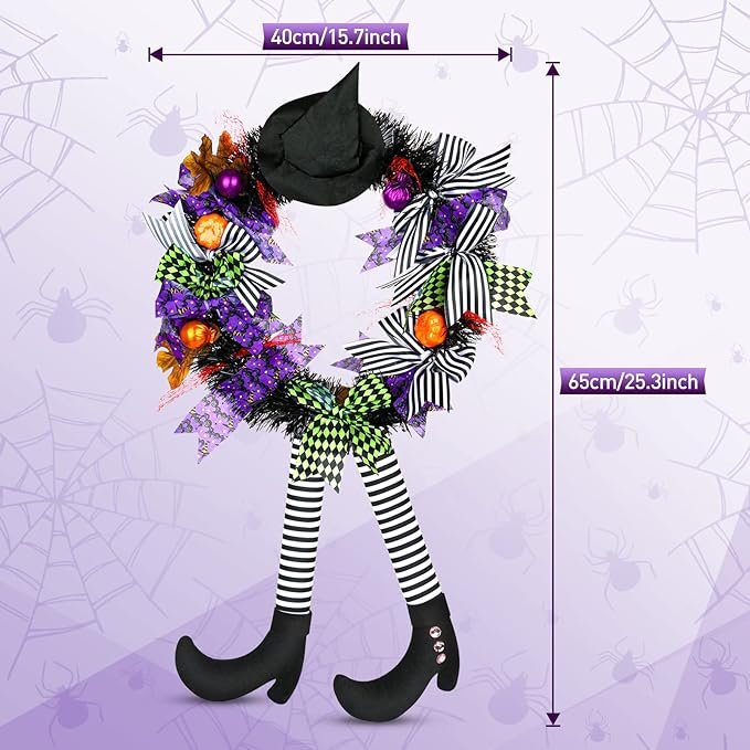 2024 Halloween Home Decor Wreath with Lights Front Door Hanging Witch Hat Legs Pumpkin Door Happy Halloween Supplies Wreaths