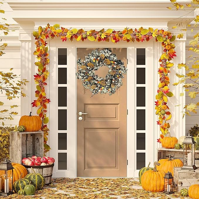 Halloween Decoration Silk Artificial Maple Leaf Pumpkin Halloween Front Door Wreath Scary Atmosphere Decorations