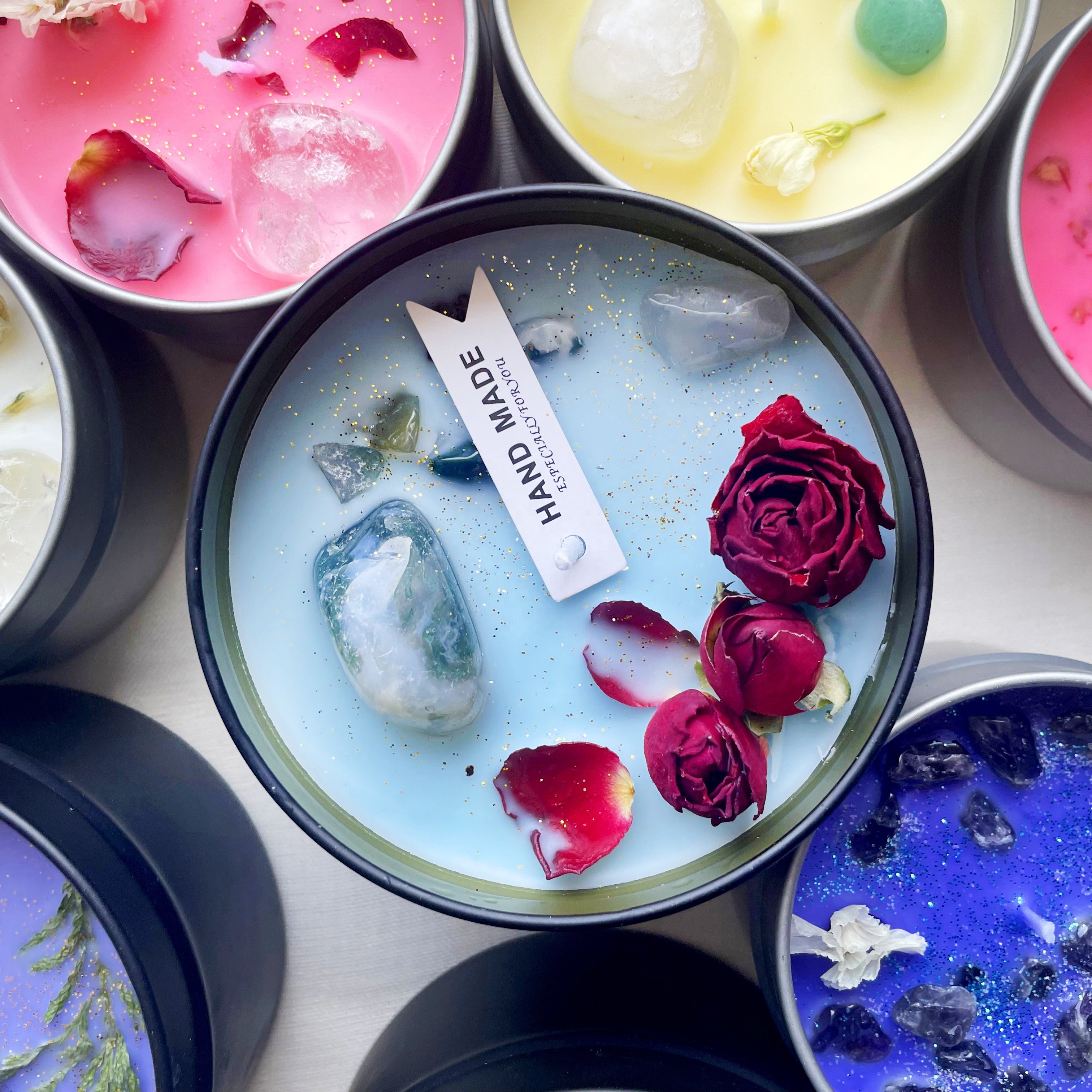 Customizable Dry Flower color Candles Aromatherapy Scented Crystal Candle In Black Tin