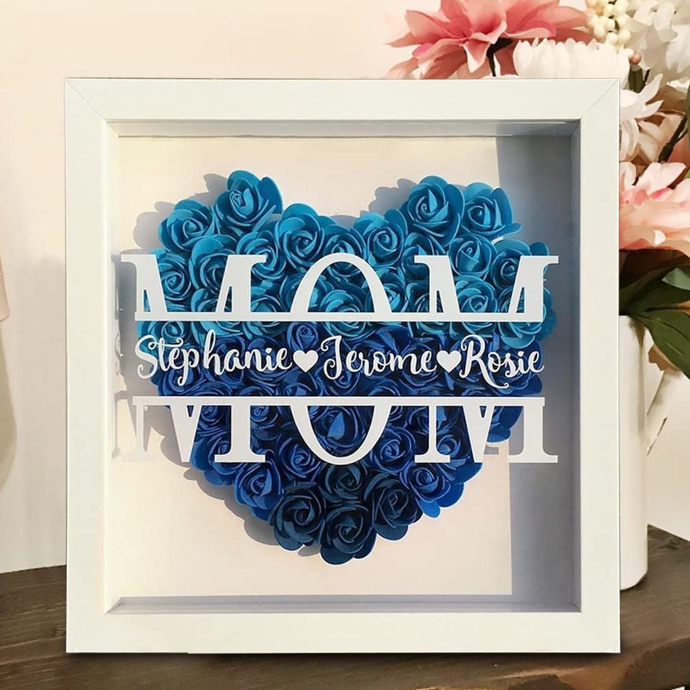 Mom Dried Flower Shadow Box with Custom Heart Shaped Name Picture Frame Display for Mother's Valentine's Day