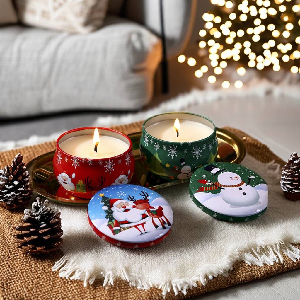 Private Label Home Decoration Round Shape Tin Can Christmas Tin Jar Scented Candle With Dried Flower