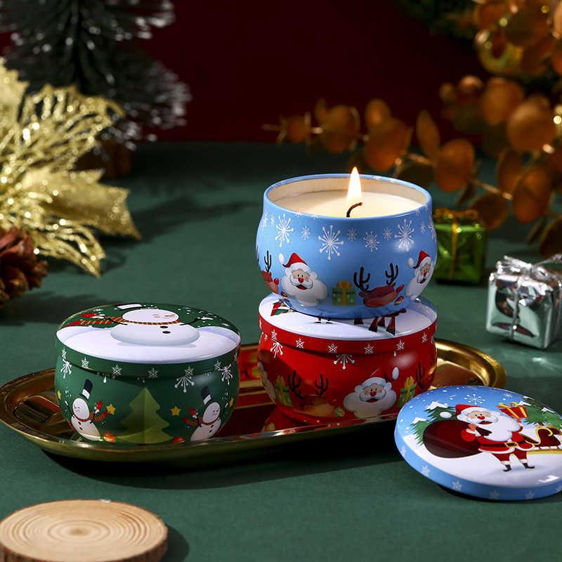Private Label Home Decoration Round Shape Tin Can Christmas Tin Jar Scented Candle With Dried Flower
