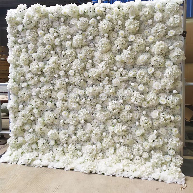 Cloth Fabric Roll Up White Wedding Rose Flowers Wall Backdrop Artificial Wall Decoration Flower Wall Panels