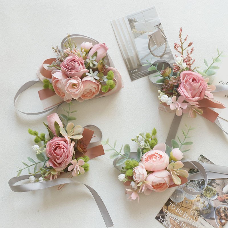 Silk Corsage Flowers Wedding Decor Floral Bridesmaid Boutonniere Corsage mini Dried Flowers bouquet Bridal Hand Wrist Corsage
