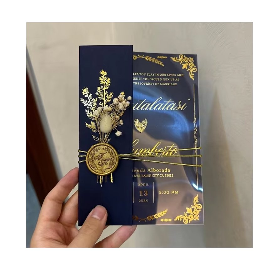 black cover transparent acrylic Gold foil wax seal dried flower exhibition invitation engagement quinceanera Wedding Invitations