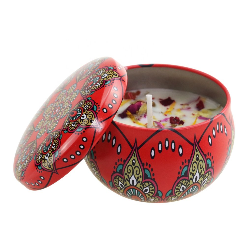 Stock Wholesale Large Unique Decorative 2oz Candles Dried Flower Scented Soy Wax Tin Gift Set