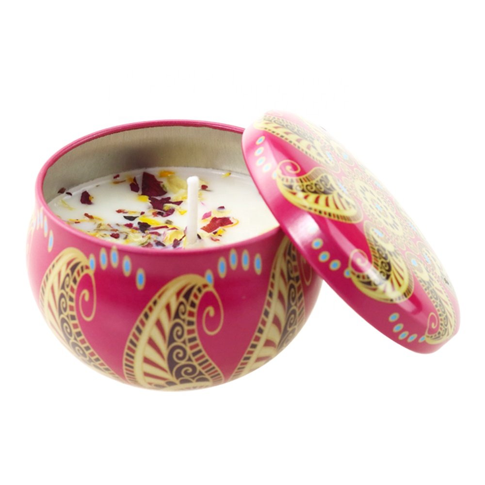 Stock Wholesale Large Unique Decorative 2oz Candles Dried Flower Scented Soy Wax Tin Gift Set