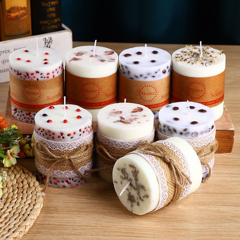 New Creative Bedroom Decorative Smokeless White Pillar Lavender Dried Flower Candles Modern Props Coffee Beans Scented Candles