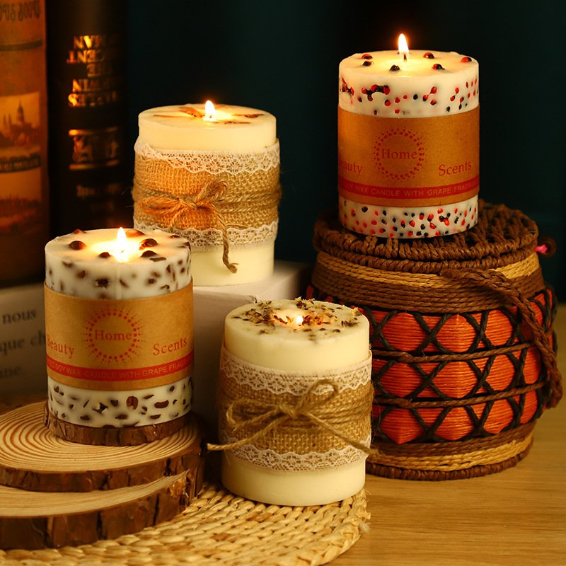 New Creative Bedroom Decorative Smokeless White Pillar Lavender Dried Flower Candles Modern Props Coffee Beans Scented Candles