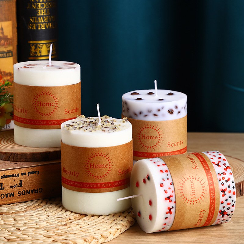 New Creative Bedroom Decorative Smokeless White Pillar Lavender Dried Flower Candles Modern Props Coffee Beans Scented Candles