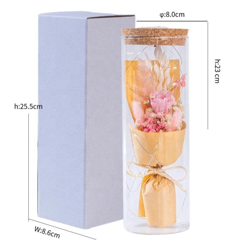 EVERYLOVE Preserved Forever roses eternal Dried Flower Bouquet with Bear Gifts in glass dome for Mother Valentines home decor