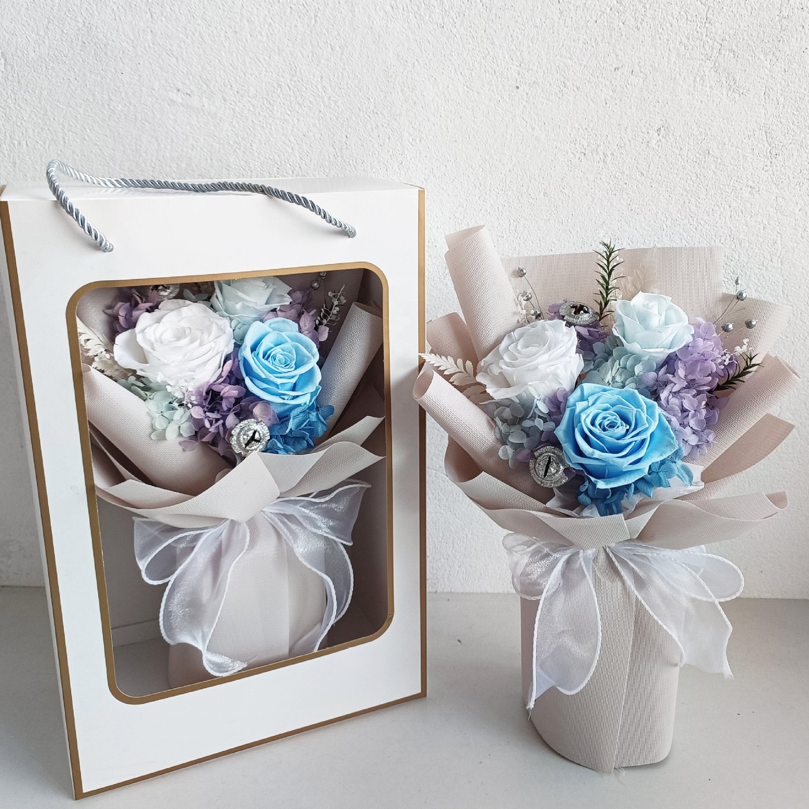 New Product Ideas 2024 Wholesale Valentine Gifts Real Touch Long Last Rose Blue Preserved Dried Flower Bouquets