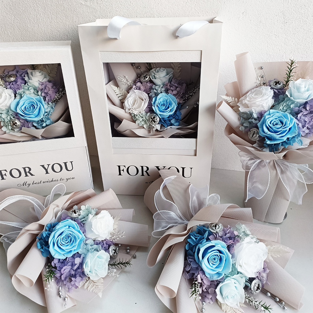 New Product Ideas 2024 Wholesale Valentine Gifts Real Touch Long Last Rose Blue Preserved Dried Flower Bouquets