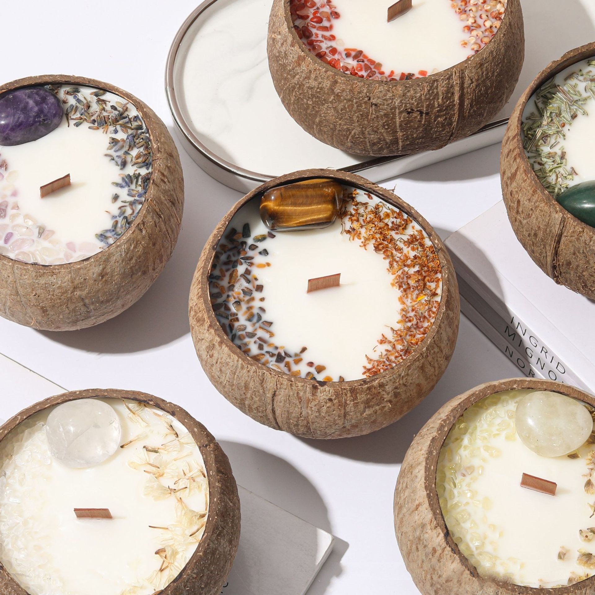Luxury Coconut Bowl Vessels Jar Soy Wax Wood Wick Crystal Dried Flower Scented Candles
