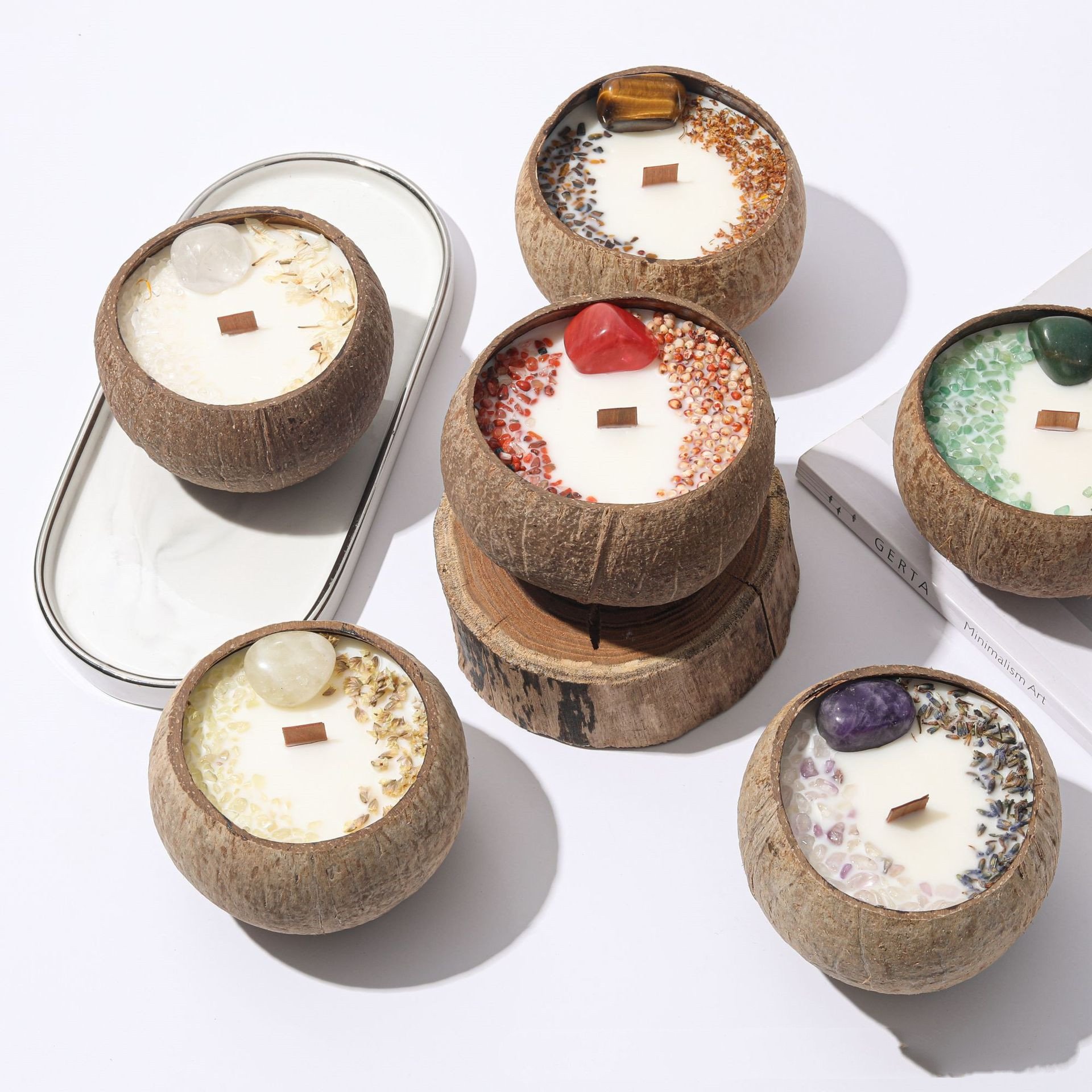 Luxury Coconut Bowl Vessels Jar Soy Wax Wood Wick Crystal Dried Flower Scented Candles