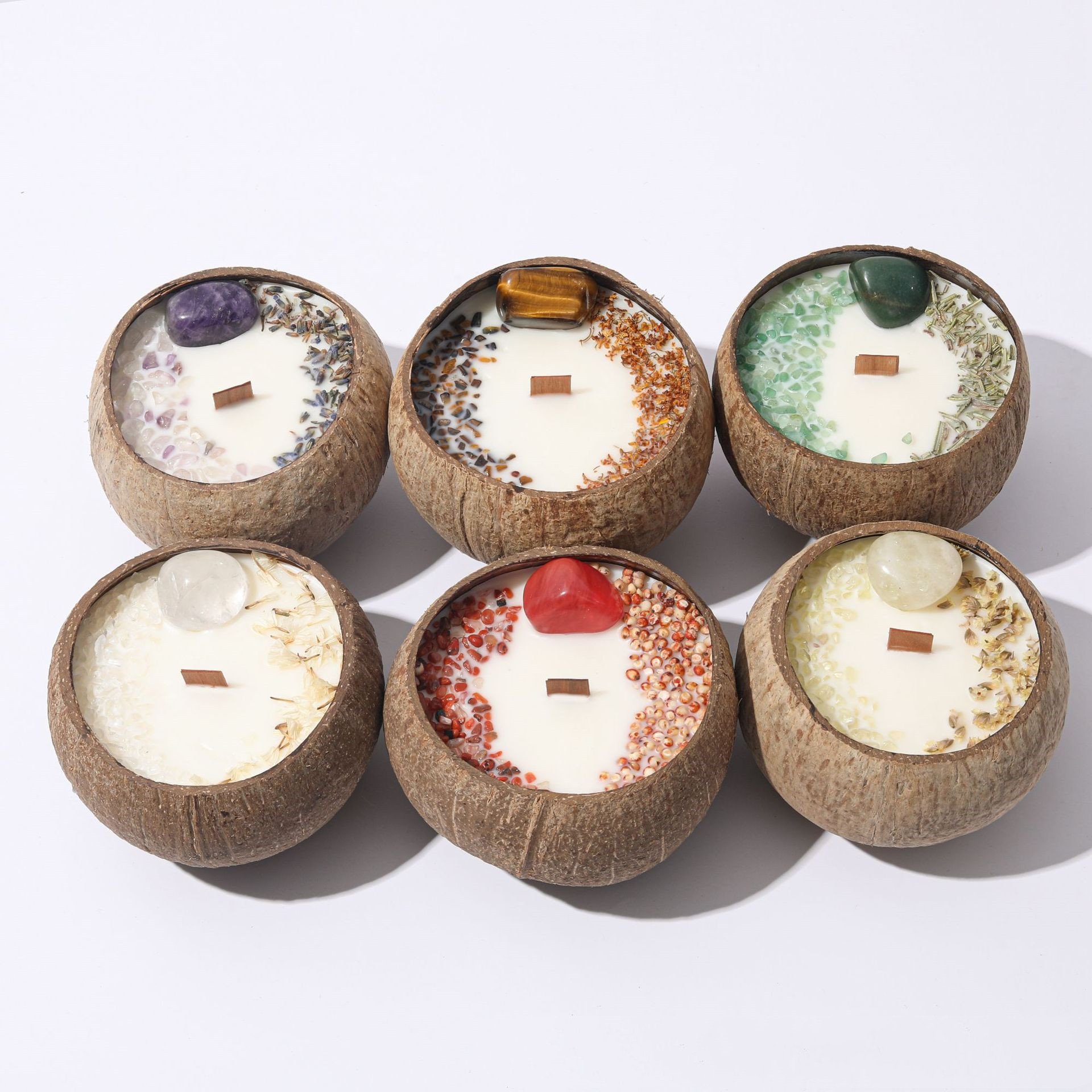 Luxury Coconut Bowl Vessels Jar Soy Wax Wood Wick Crystal Dried Flower Scented Candles