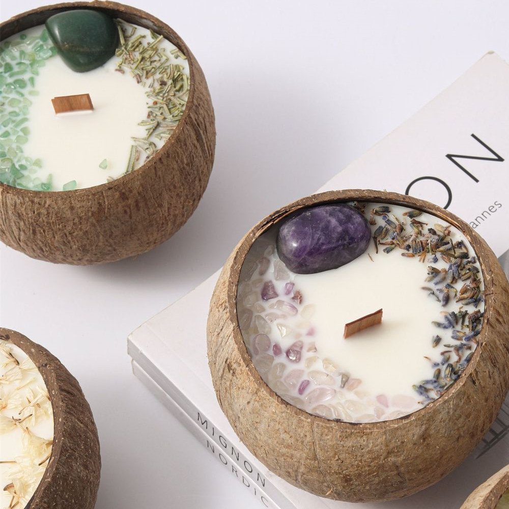 Luxury Coconut Bowl Vessels Jar Soy Wax Wood Wick Crystal Dried Flower Scented Candles