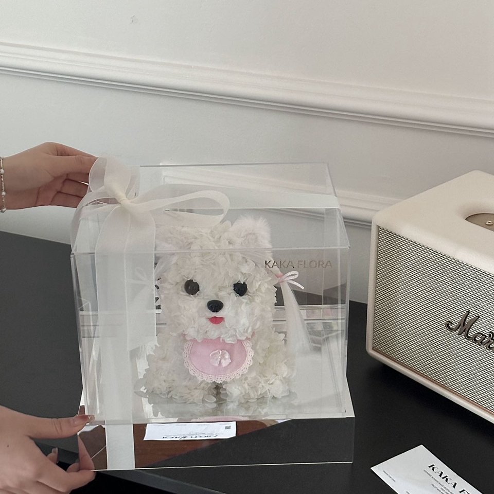 Cute Dog Valentine Day Gift Immortal flower Everlasting Eternal Rose Forever Dried Preserved Hydrangea Flower in acrylic box