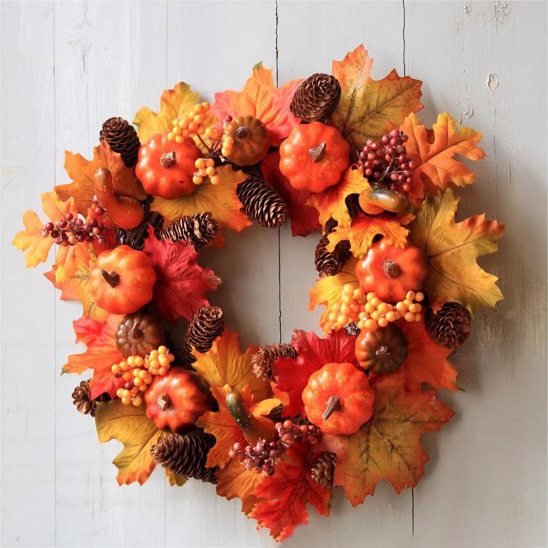 Decorative Autumn Harvest Pumpkin Wreaths Front Door Decor Artificial Floral Flower Wreath for Home Halloween Fall Decoration