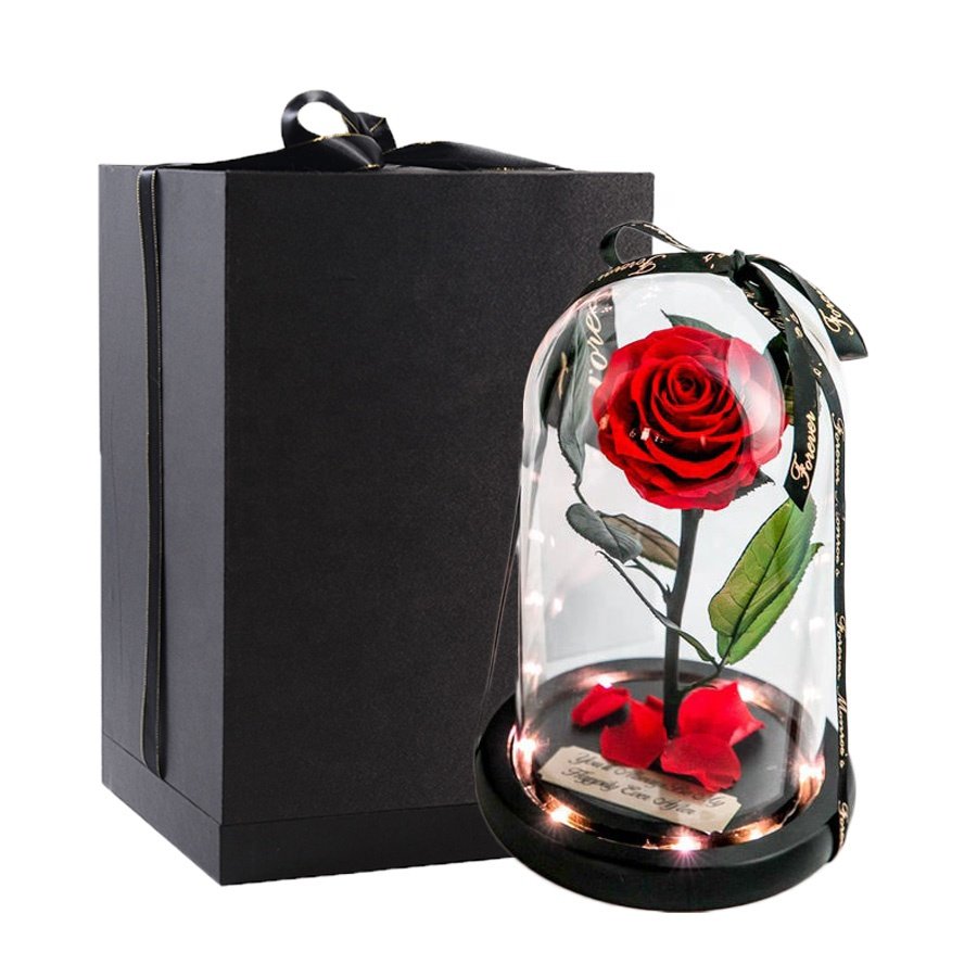 Hot 12*20cm Beauty Beast Belle LED Red Real Everlasting Decorative Flower Gift Box Forever Eternal Preserved Roses in Glass Dome