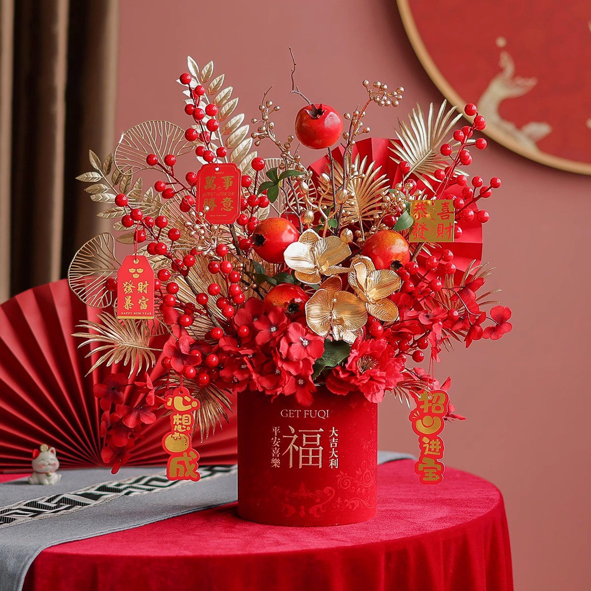 2025 Chinese Lunar Spring Festival Decoration Flower Artificial Red Holly Ball For Vietnamese New Year's Day With Red Lantern
