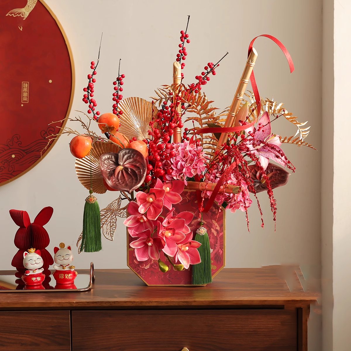 2025 Chinese Lunar Spring Festival Decoration Flower Artificial Red Holly Ball For Vietnamese New Year's Day With Red Lantern
