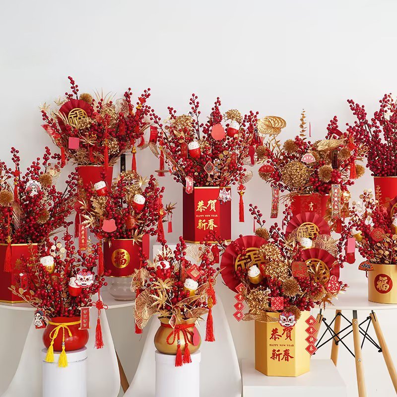 2025 Chinese Lunar Spring Festival Decoration Flower Artificial Red Holly Ball For Vietnamese New Year's Day With Red Lantern