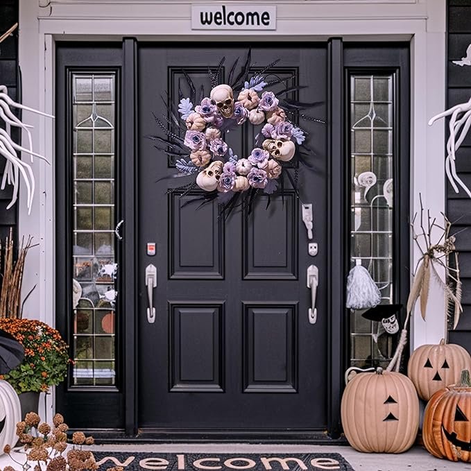 Halloween horror props holiday party horror skeleton decoration pumpkin wreath front door hanging Halloween decorations