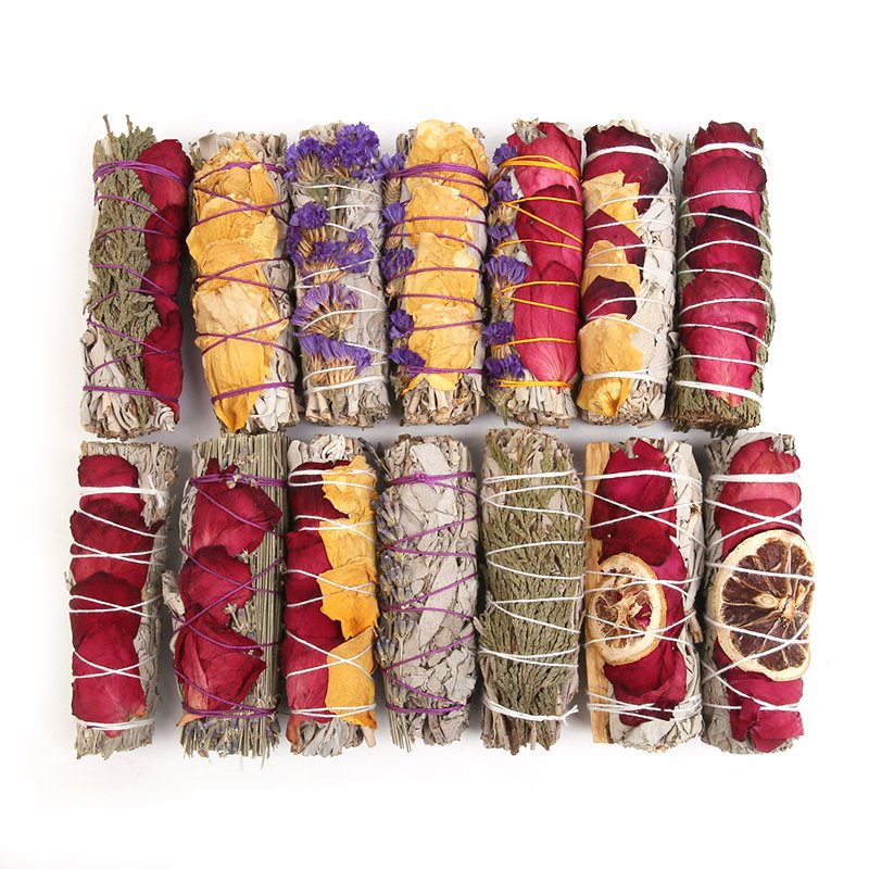 Wholesale white sage bundle with flower petal smudge sticks sage incense stick with leaves rose