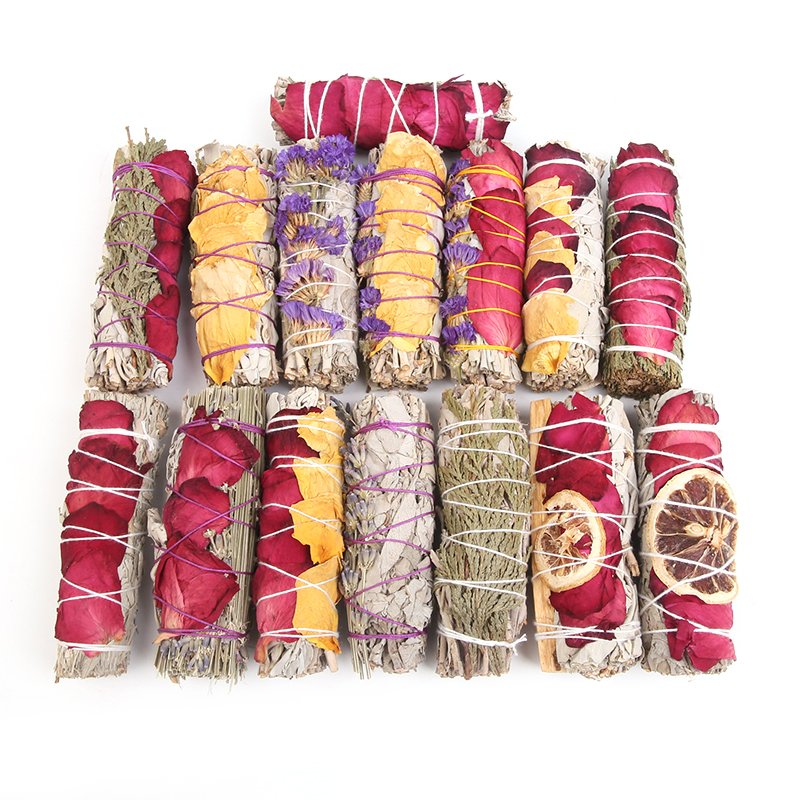 Wholesale white sage bundle with flower petal smudge sticks sage incense stick with leaves rose
